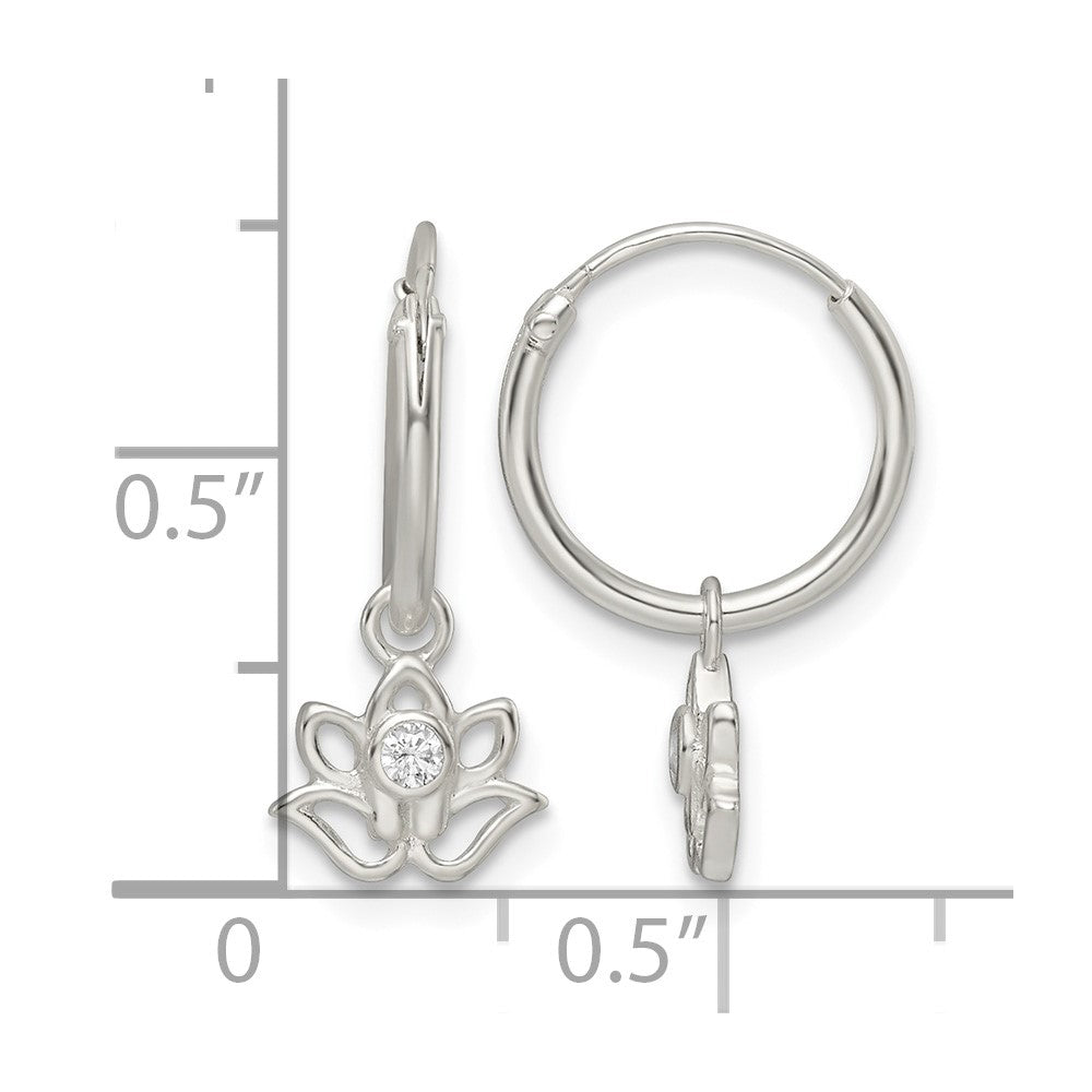 Sterling Silver Polished CZ Dangle Lotus Endless Hoop Earrings