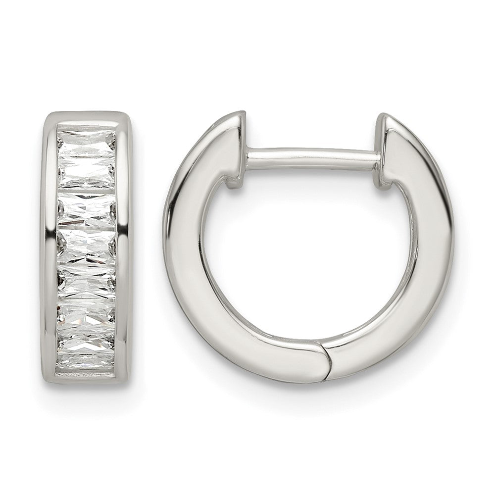Sterling Silver Polished Baguette CZ Hinged Hoop Earrings