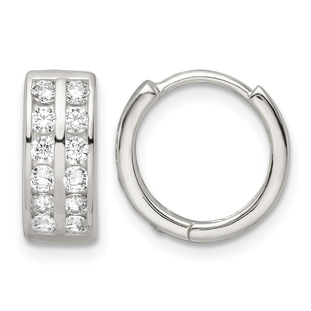 Sterling Silver Polished 2 Row CZ Hinged Hoop Earrings