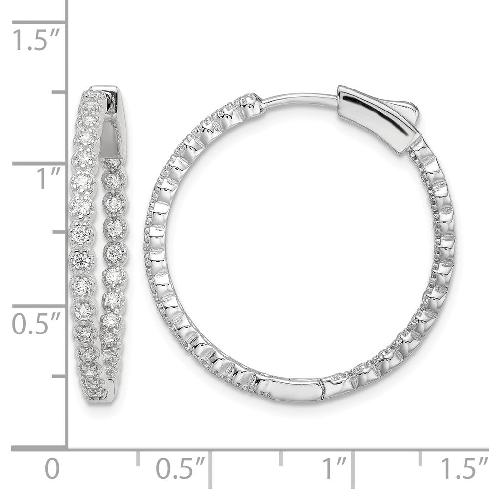 Sterling Silver Polished Rhodium-plated In & Out CZ Hinged Hoop Earrings
