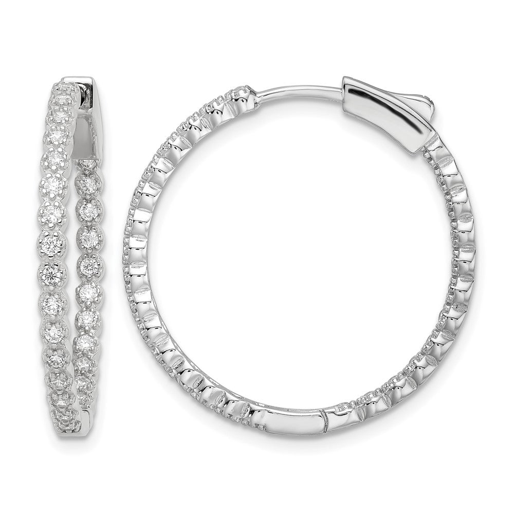 Sterling Silver Polished Rhodium-plated In & Out CZ Hinged Hoop Earrings