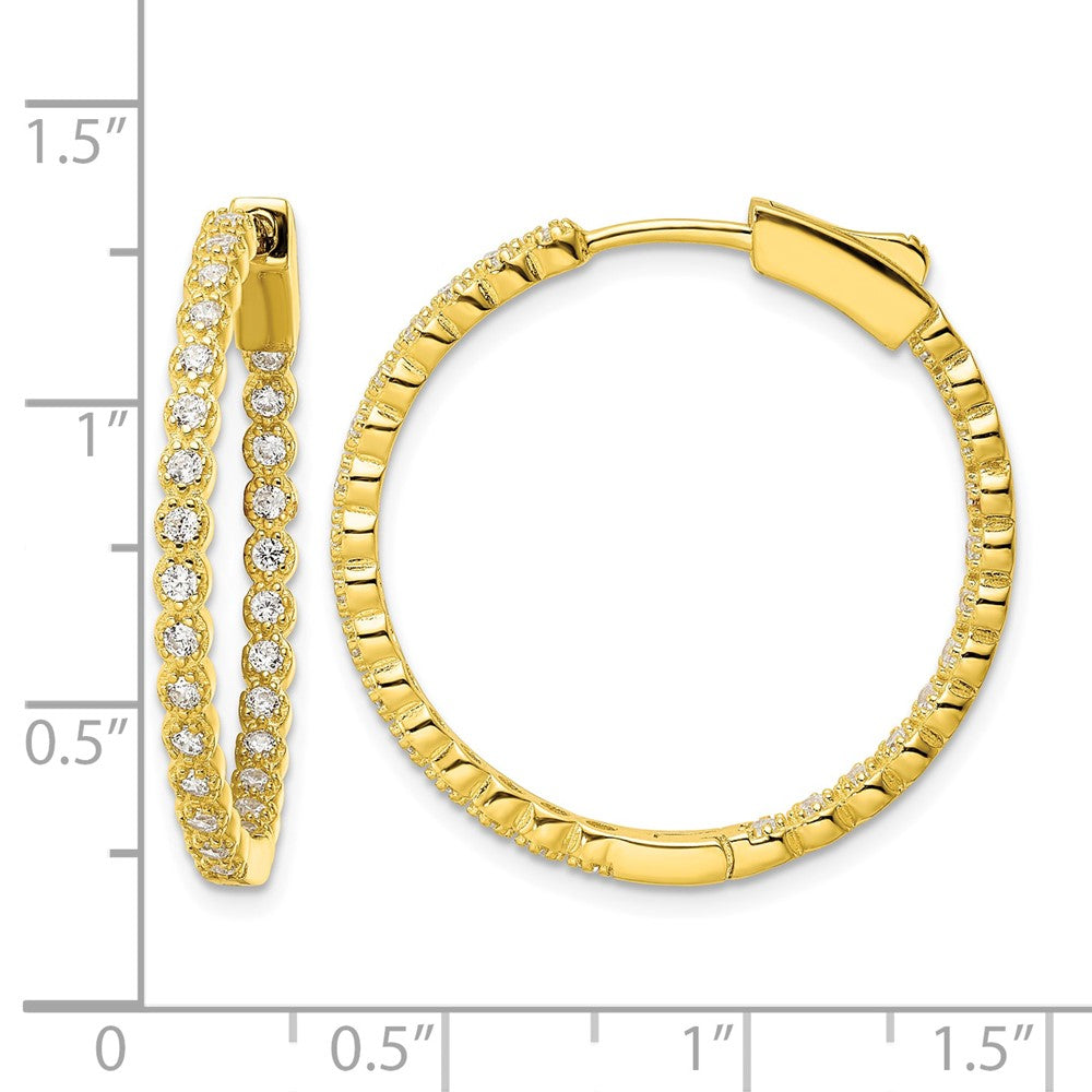 Sterling Silver Polished Gold-tone In & Out CZ Hinged Hoop Earrings