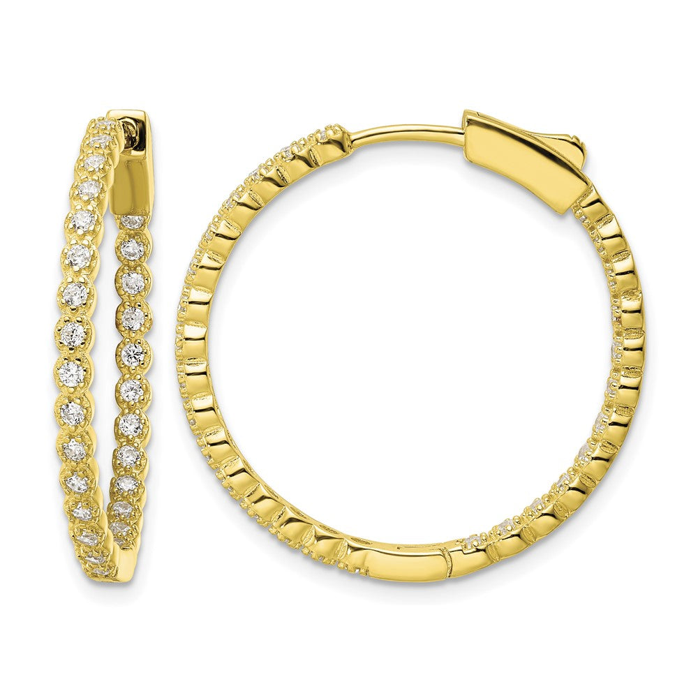 Sterling Silver Polished Gold-tone In & Out CZ Hinged Hoop Earrings