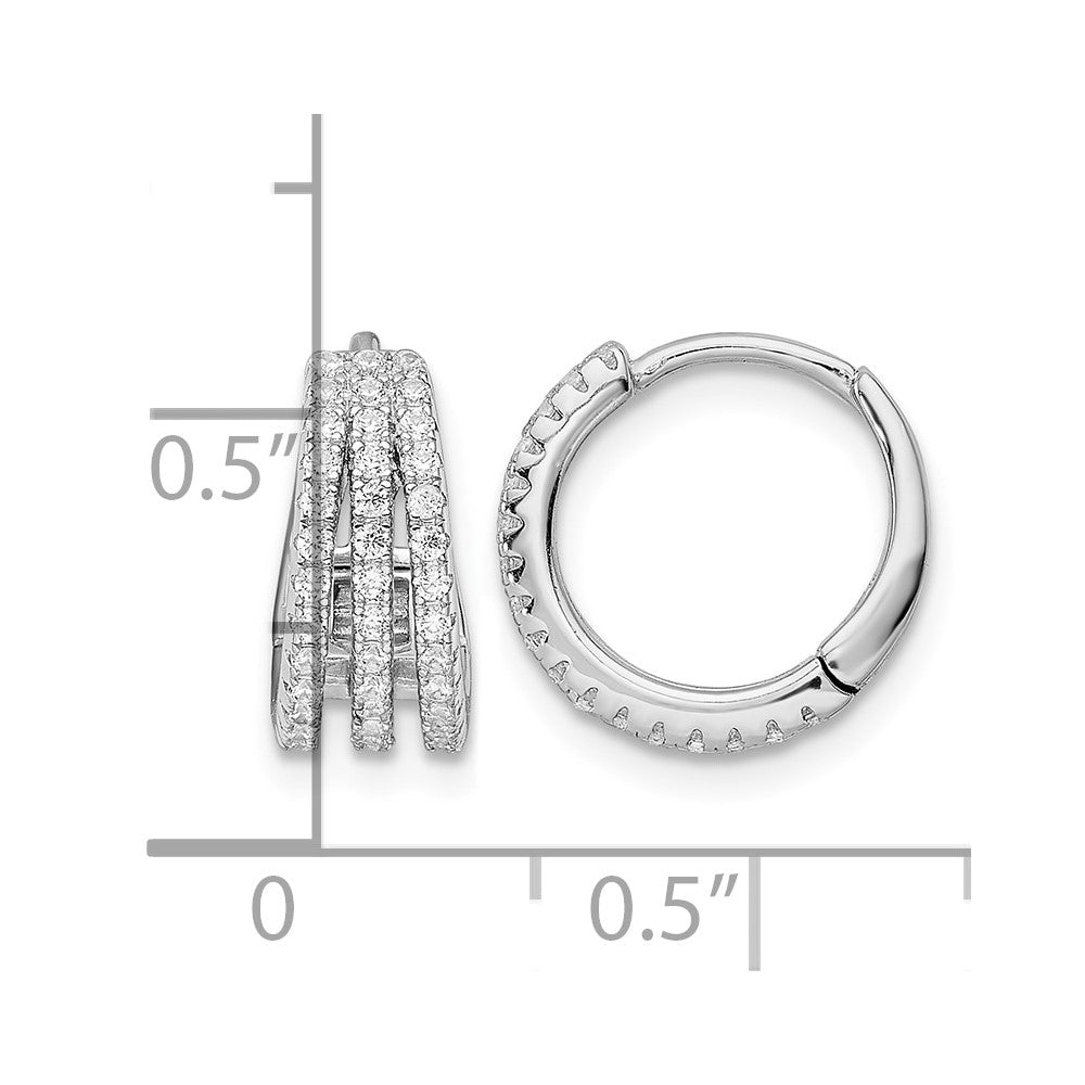 Sterling Silver Rhodium-plated Polished Triple Row CZ Hinged Hoop Earrings