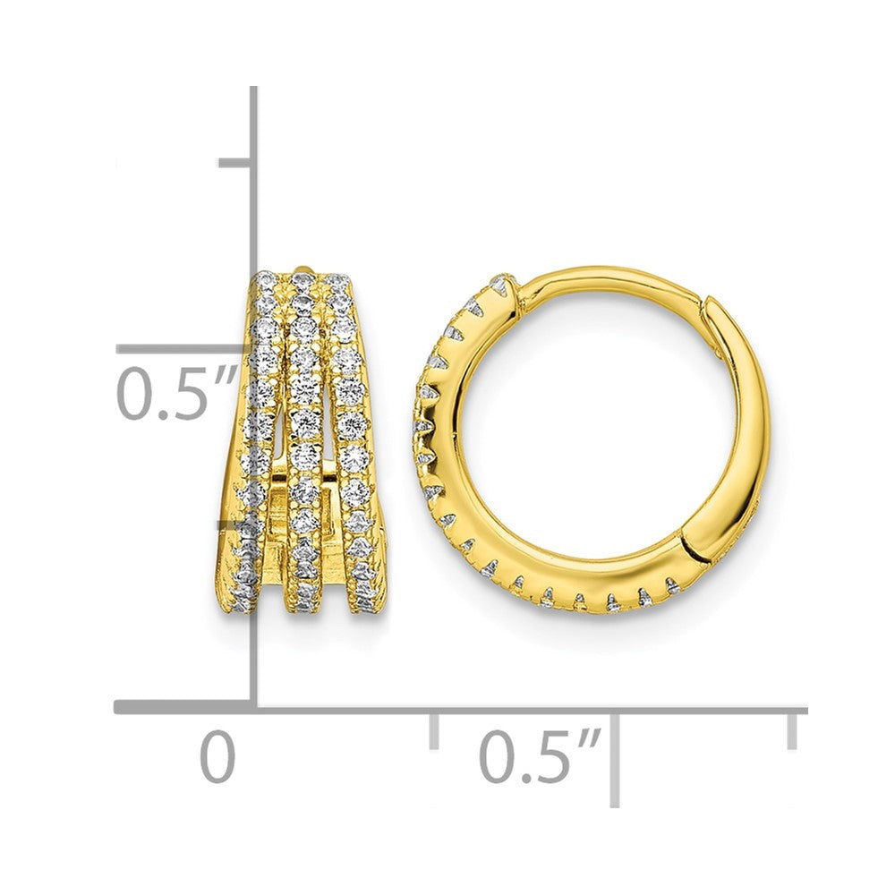 Sterling Silver Gold-tone Polished Triple Row CZ Hinged Hoop Earrings