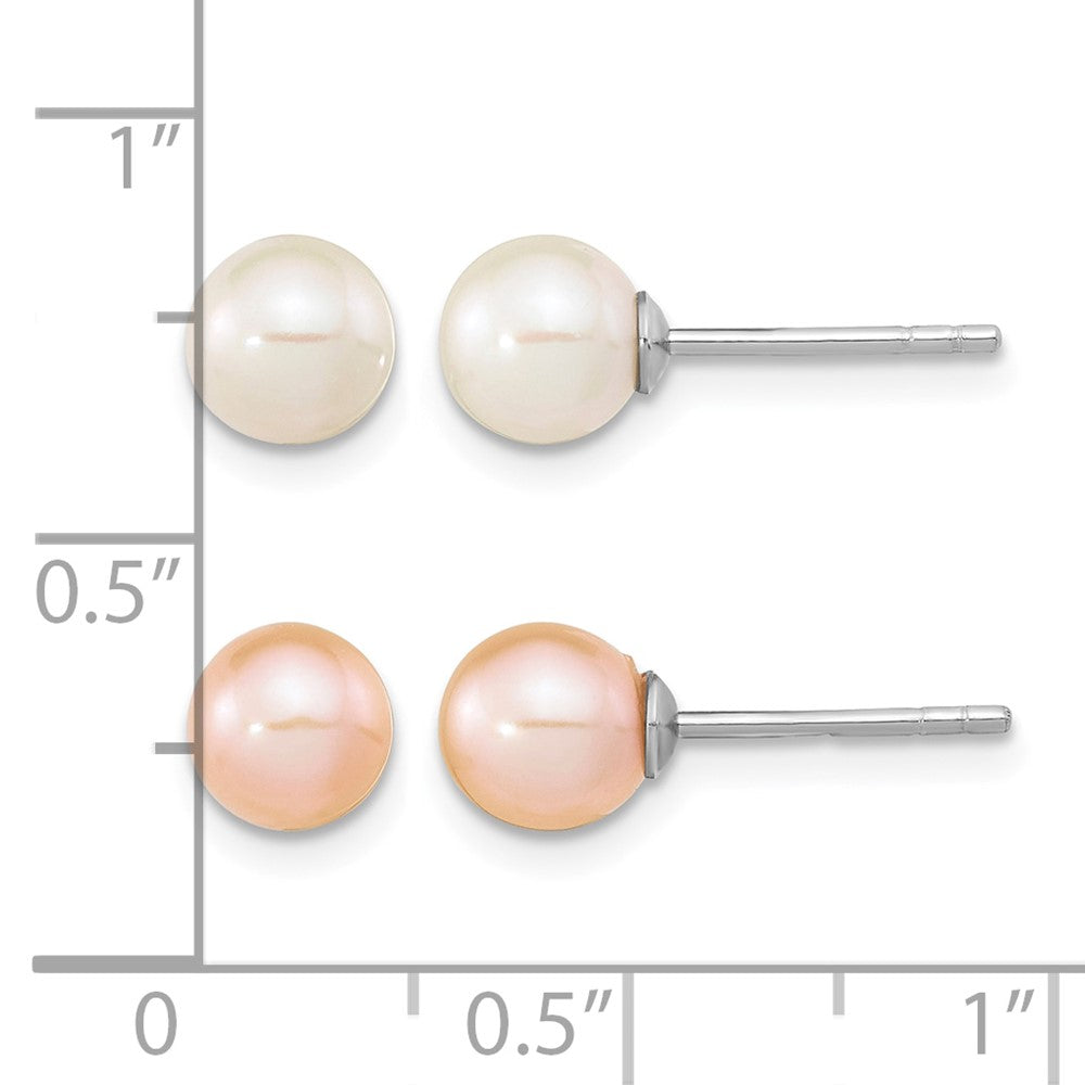 Sterling Silver Rh-pl 6-7mm Set of 2 White/Pink Round FWC Pearl Earrings