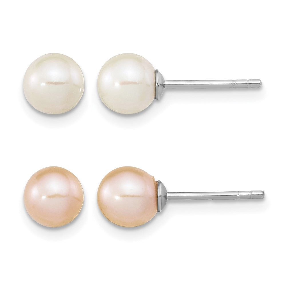 Sterling Silver Rh-pl 6-7mm Set of 2 White/Pink Round FWC Pearl Earrings