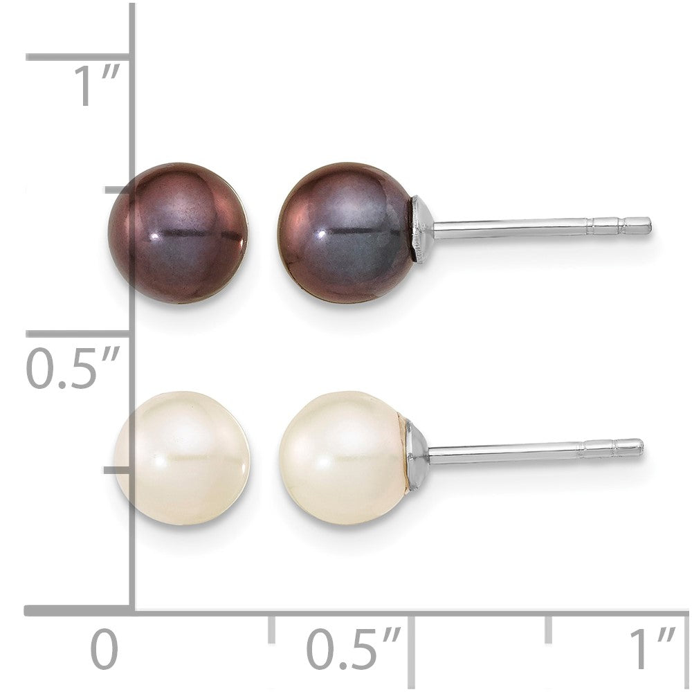 Sterling Silver Rh-pl 6-7mm Set of 2 White/Black Round FWC Pearl Earrings