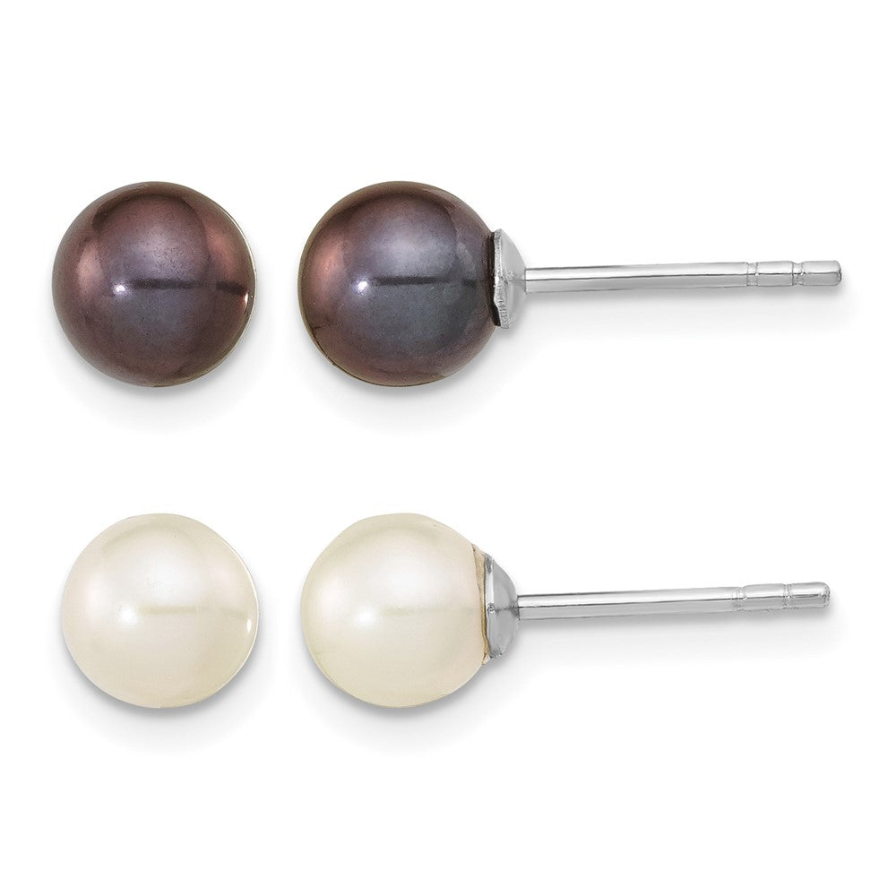 Sterling Silver Rh-pl 6-7mm Set of 2 White/Black Round FWC Pearl Earrings