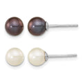 Sterling Silver Rh-pl 6-7mm Set of 2 White/Black Round FWC Pearl Earrings