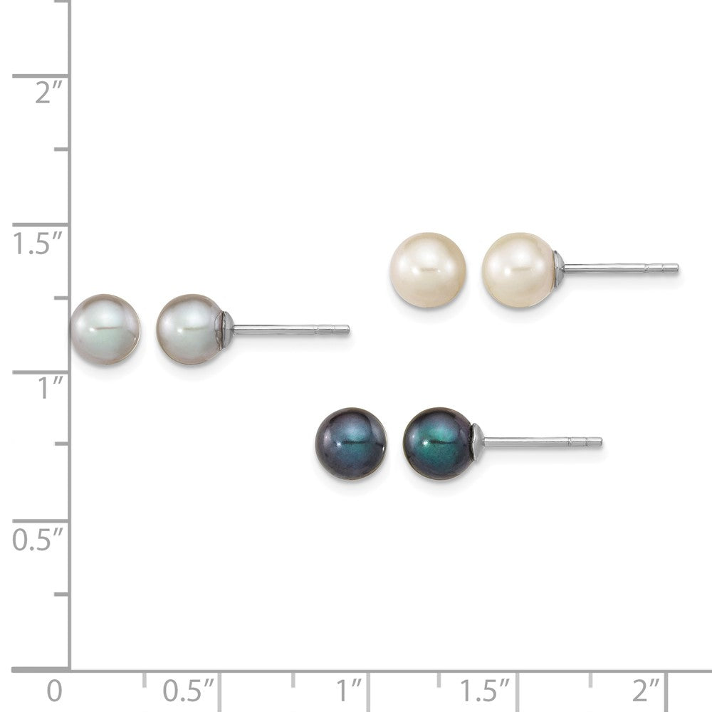 Sterling Silver Rh-pl 6-7mm Set of 3 Wt/Bk/Grey Round FWC Pearl Earrings
