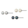 Sterling Silver Rh-pl 6-7mm Set of 3 Wt/Bk/Grey Round FWC Pearl Earrings