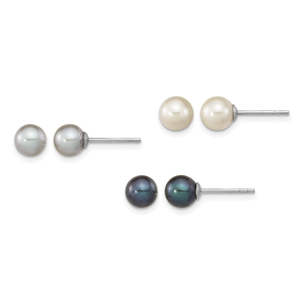 Sterling Silver Rh-pl 6-7mm Set of 3 Wt/Bk/Grey Round FWC Pearl Earrings