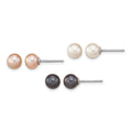 Sterling Silver Rh-pl 6-7mm Set of 3 Wt/BK/Pink Round FWC Pearl Earrings