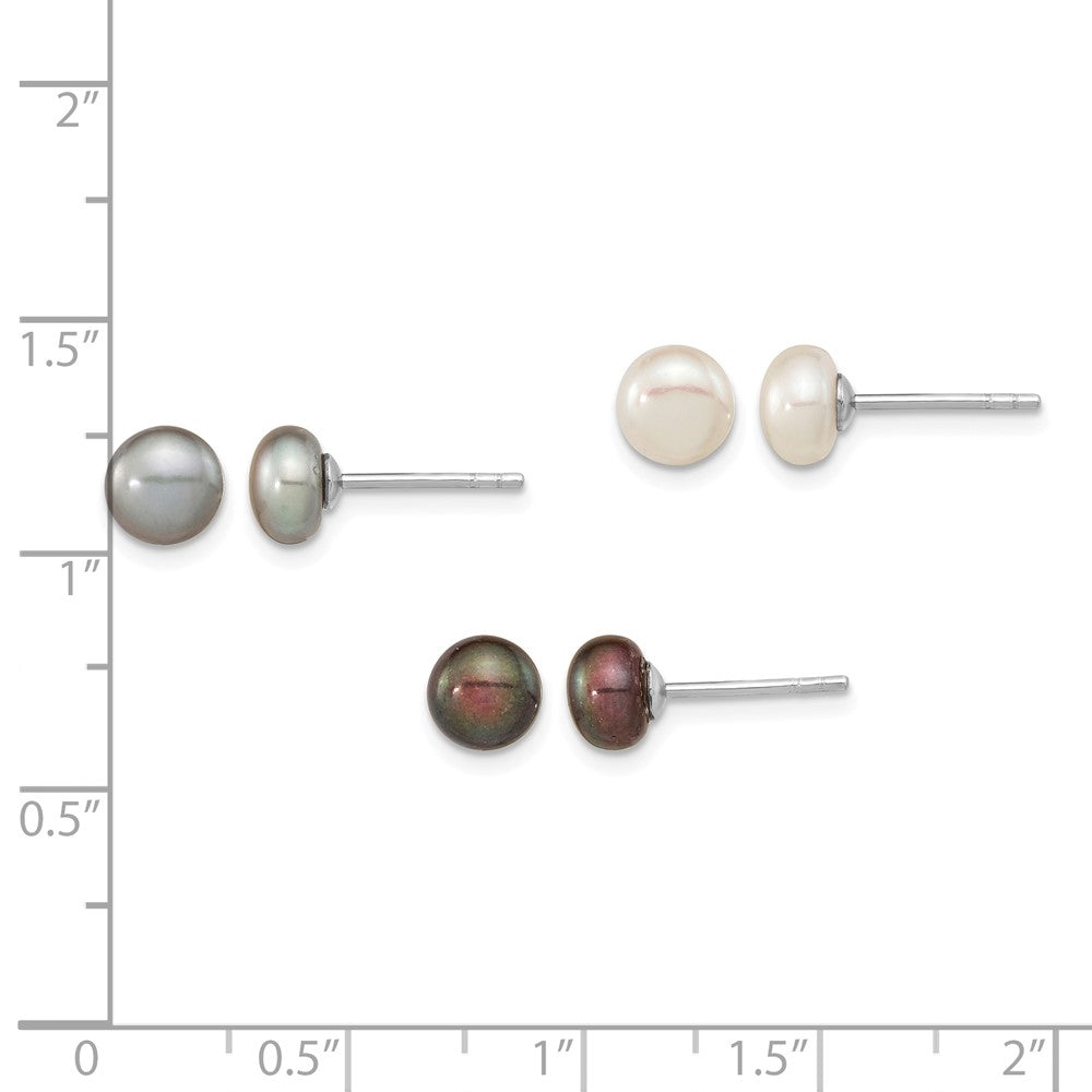 Sterling Silver Rh-pl 6-7mm Set of 3 Wt/Bk/Grey Button FWC Pearl Earrings