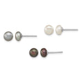 Sterling Silver Rh-pl 6-7mm Set of 3 Wt/Bk/Grey Button FWC Pearl Earrings