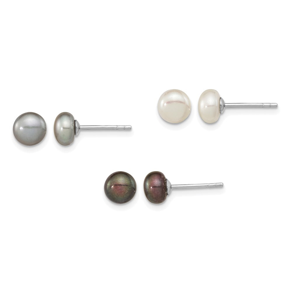 Sterling Silver Rh-pl 6-7mm Set of 3 Wt/Bk/Grey Button FWC Pearl Earrings