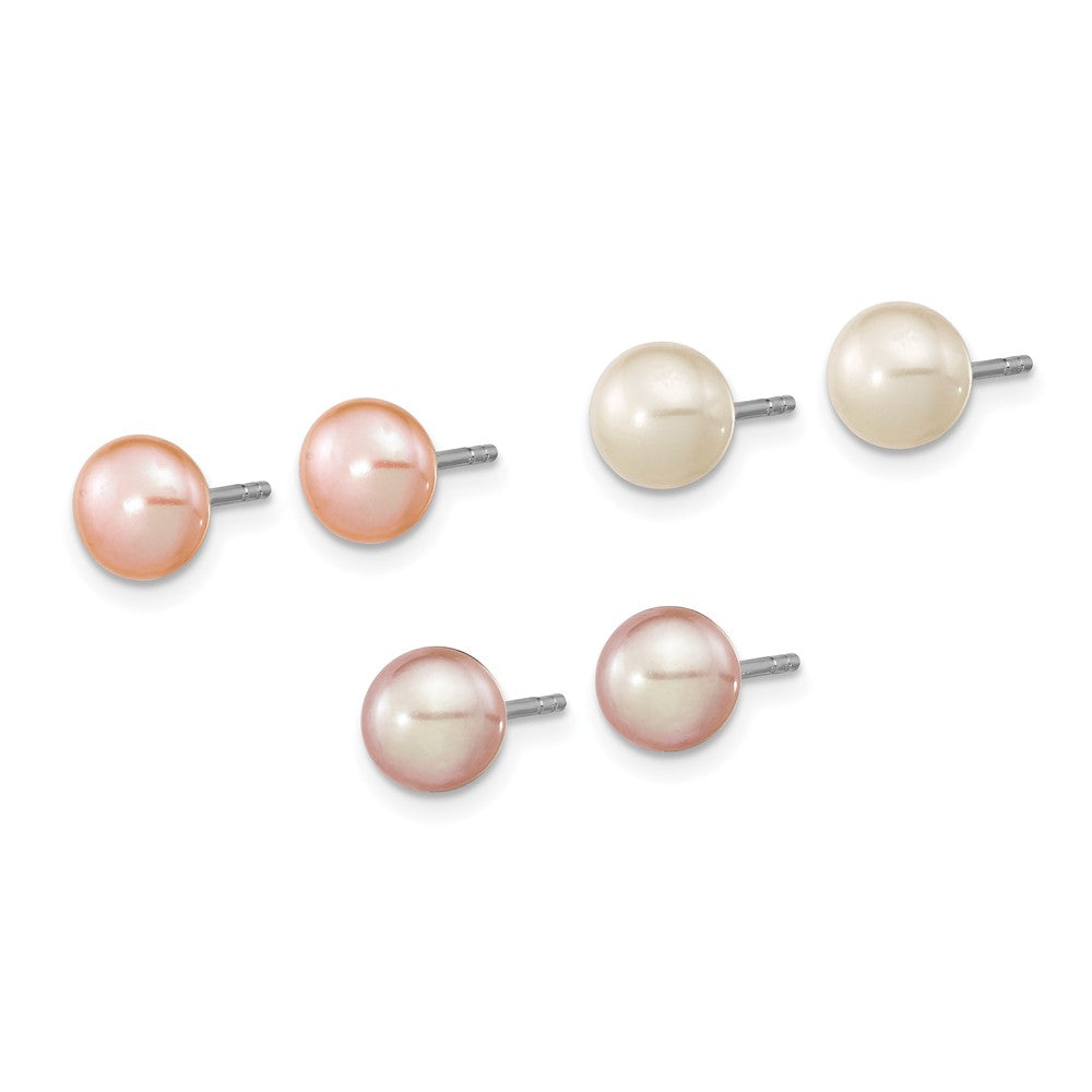 Sterling Silver Rh-pl 6-7mm Set of 3 Wt/Purp/Pnk Button FWC Pearl Earrings