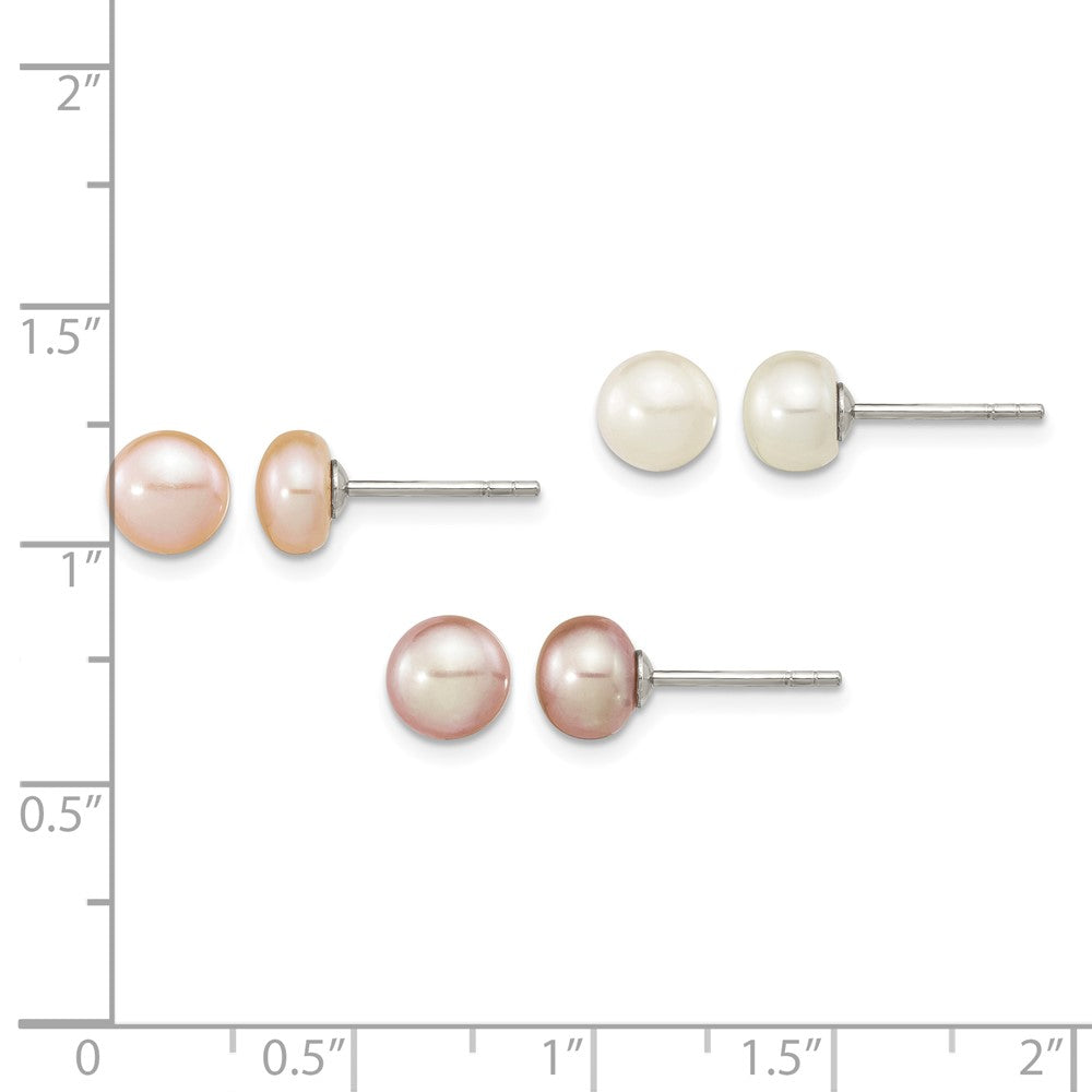 Sterling Silver Rh-pl 6-7mm Set of 3 Wt/Purp/Pnk Button FWC Pearl Earrings