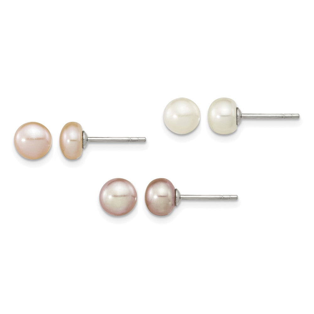Sterling Silver Rh-pl 6-7mm Set of 3 Wt/Purp/Pnk Button FWC Pearl Earrings