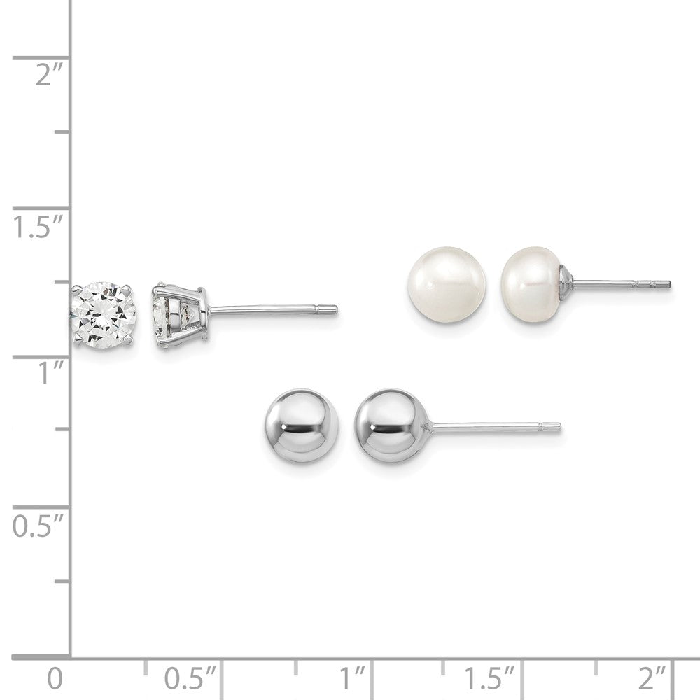 Sterling Silver RH-pl Ball/ 6-7mm Button FWC Pearl/CZ Stud Ear Set