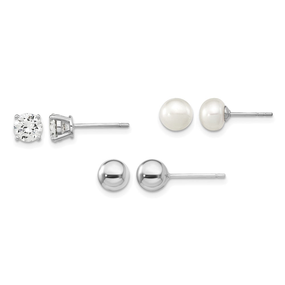 Sterling Silver RH-pl Ball/ 6-7mm Button FWC Pearl/CZ Stud Ear Set