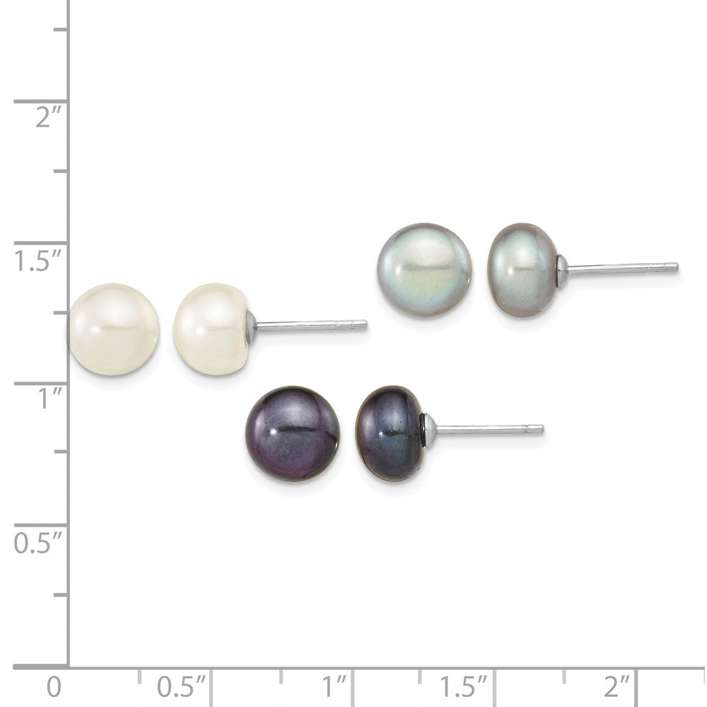 Sterling Silver Rh-pl 8-9mm Set of 3 Wt/Bk/Grey Button FWC Pearl Earrings
