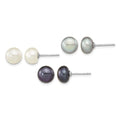 Sterling Silver Rh-pl 8-9mm Set of 3 Wt/Bk/Grey Button FWC Pearl Earrings