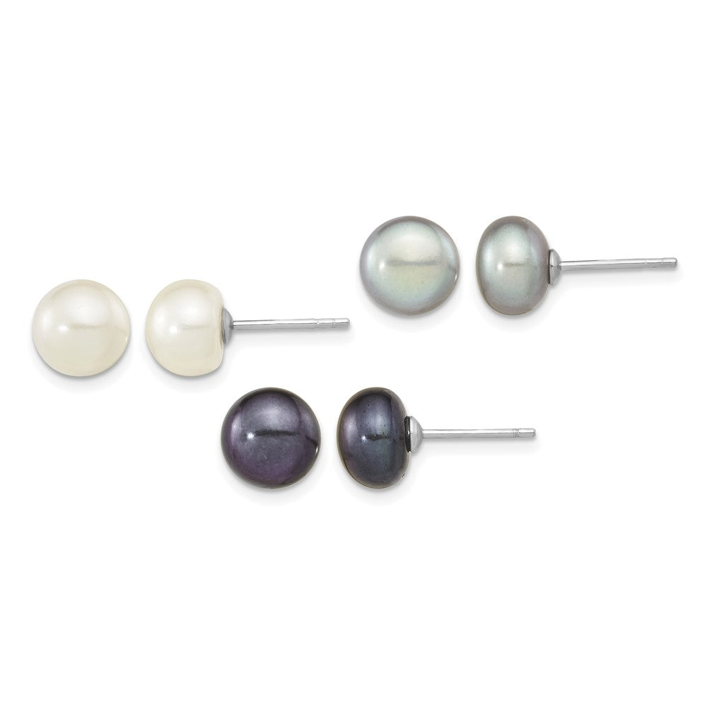 Sterling Silver Rh-pl 8-9mm Set of 3 Wt/Bk/Grey Button FWC Pearl Earrings