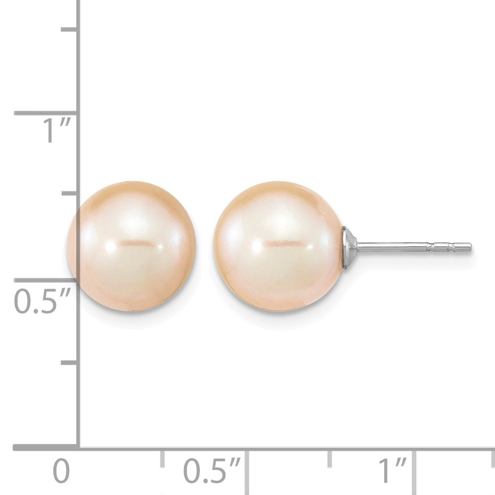 Sterling Silver Rhodium-plated 9-10mm Pink Round FWC Pearl Post Earrings