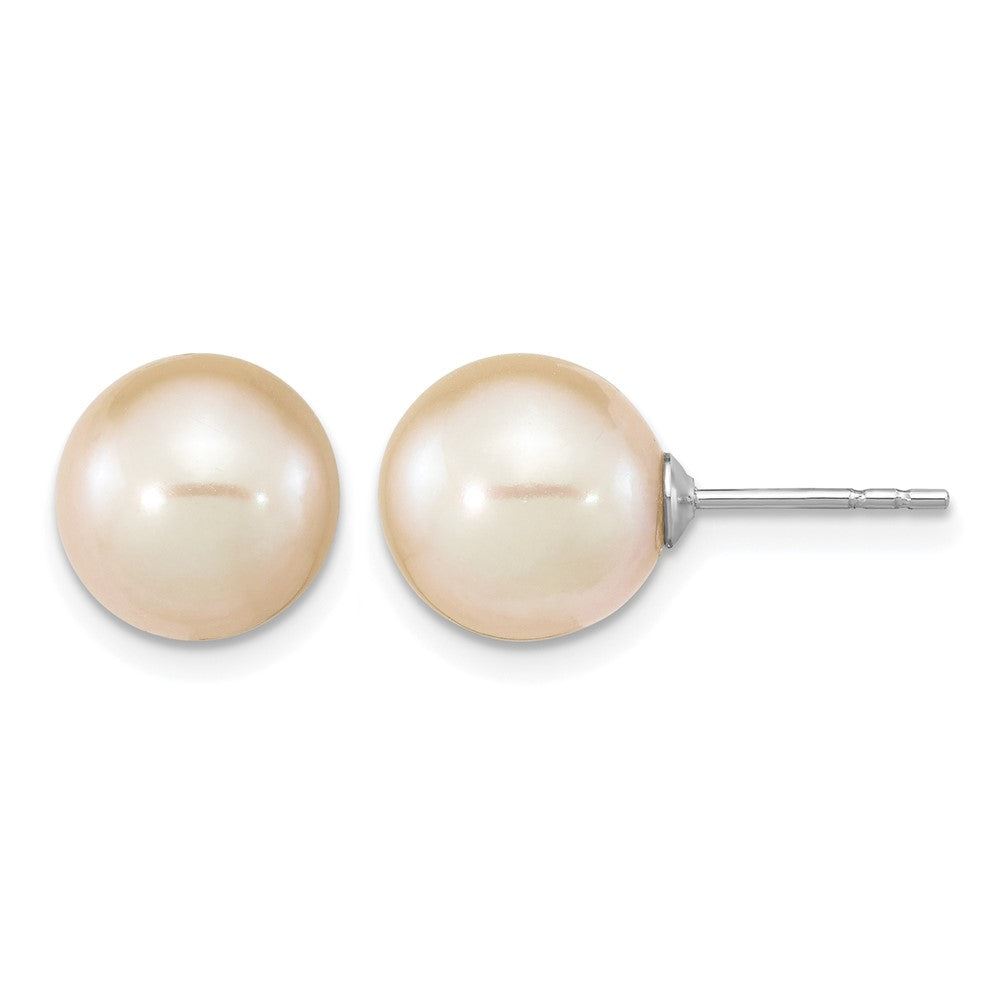 Sterling Silver Rhodium-plated 9-10mm Pink Round FWC Pearl Post Earrings