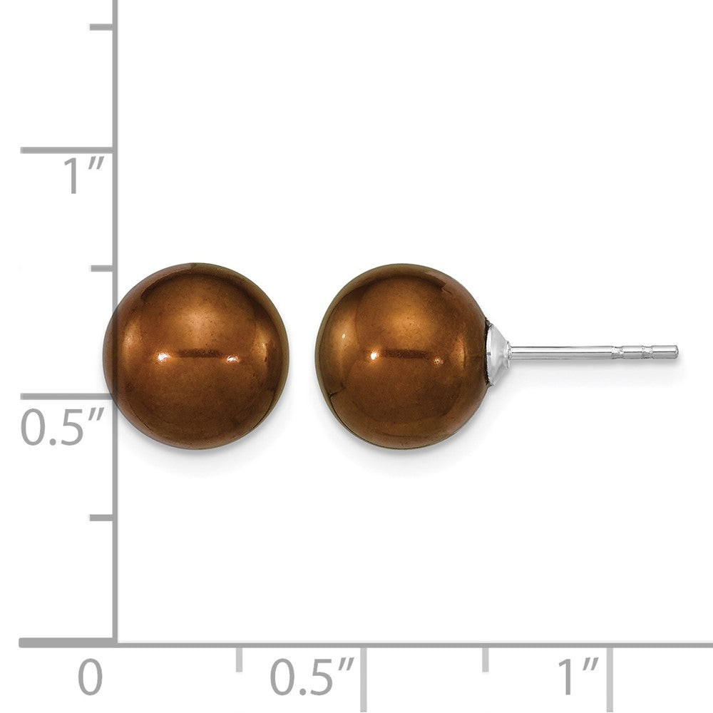 Sterling Silver Rhodium-plated 9-10mm Brown Round FWC Pearl Post Earrings