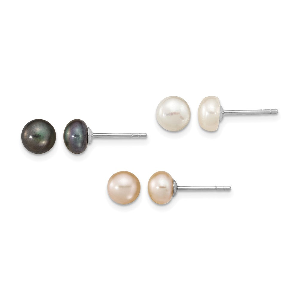 Sterling Silver Rh-pl 6-7mm Set of 3 Wt/BK/Pink Button FWC Pearl Earrings