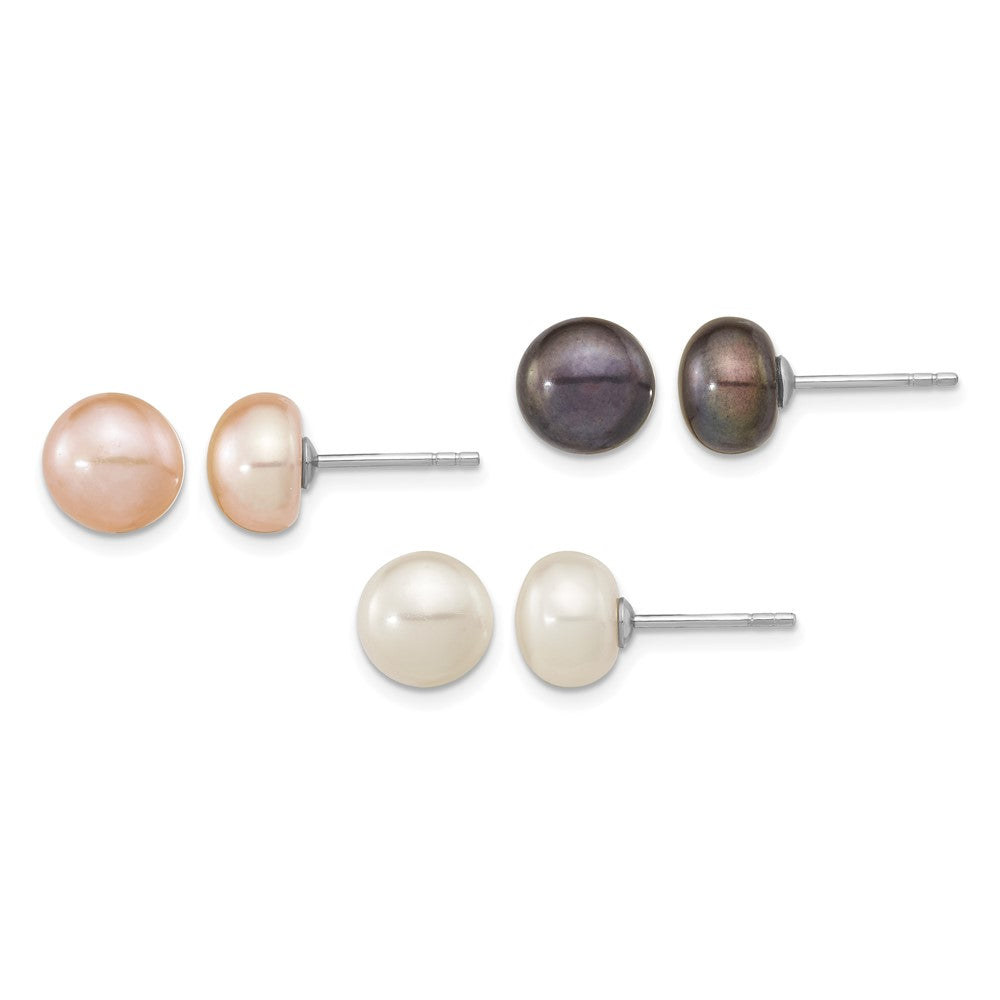 Sterling Silver Rh-pl 8-9mm Set of 3 Wt/BK/Pink Button FWC Pearl Earrings