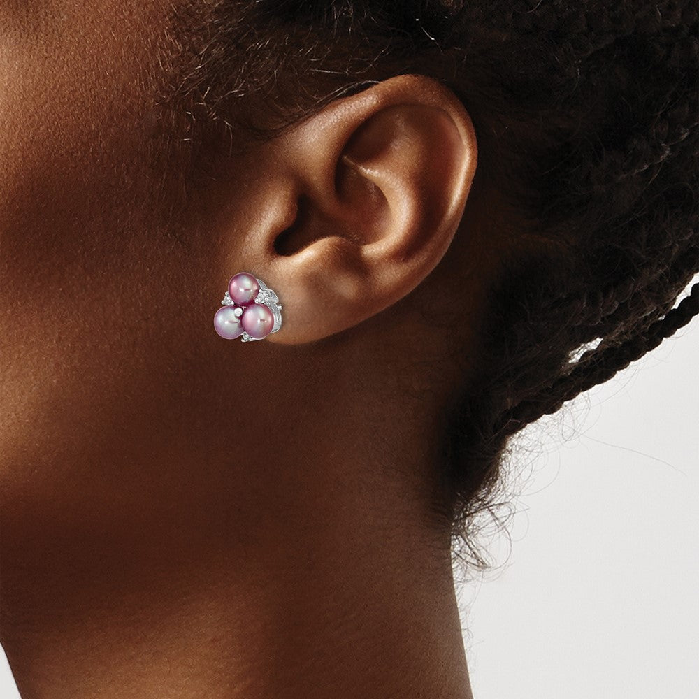 Sterling Silver Rhodium-pl CZ 5-6mm Purple Button FWC Pearl Earrings