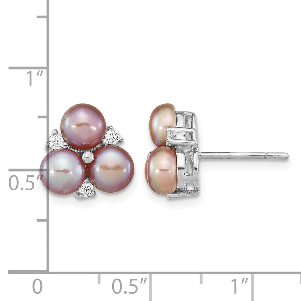Sterling Silver Rhodium-pl CZ 5-6mm Purple Button FWC Pearl Earrings