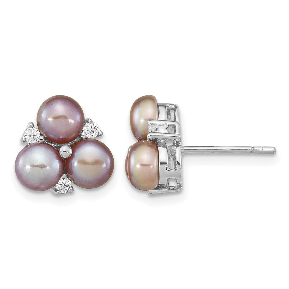Sterling Silver Rhodium-pl CZ 5-6mm Purple Button FWC Pearl Earrings