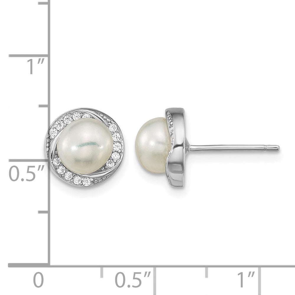 Sterling Silver Rho-plated CZ 6-7mm White Button FWC Pearl Post Earrings