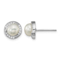 Sterling Silver Rho-plated CZ 6-7mm White Button FWC Pearl Post Earrings