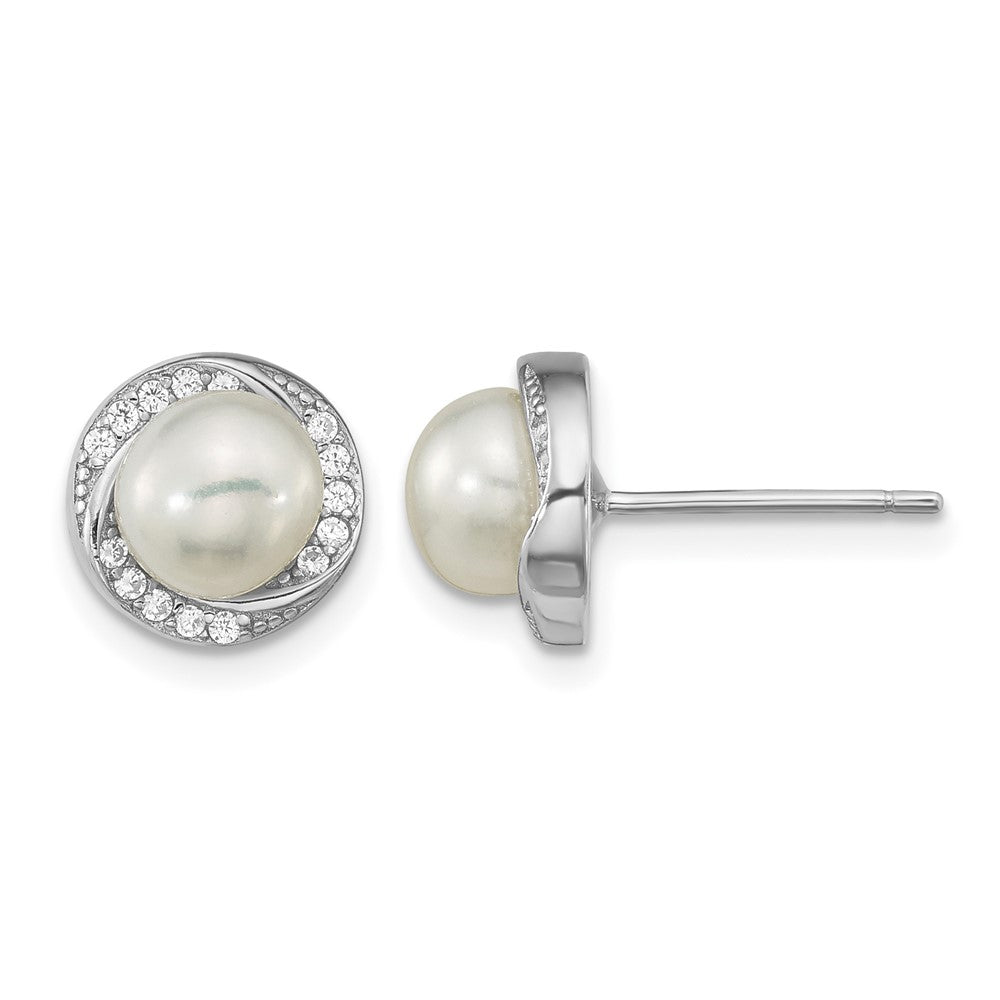 Sterling Silver Rho-plated CZ 6-7mm White Button FWC Pearl Post Earrings