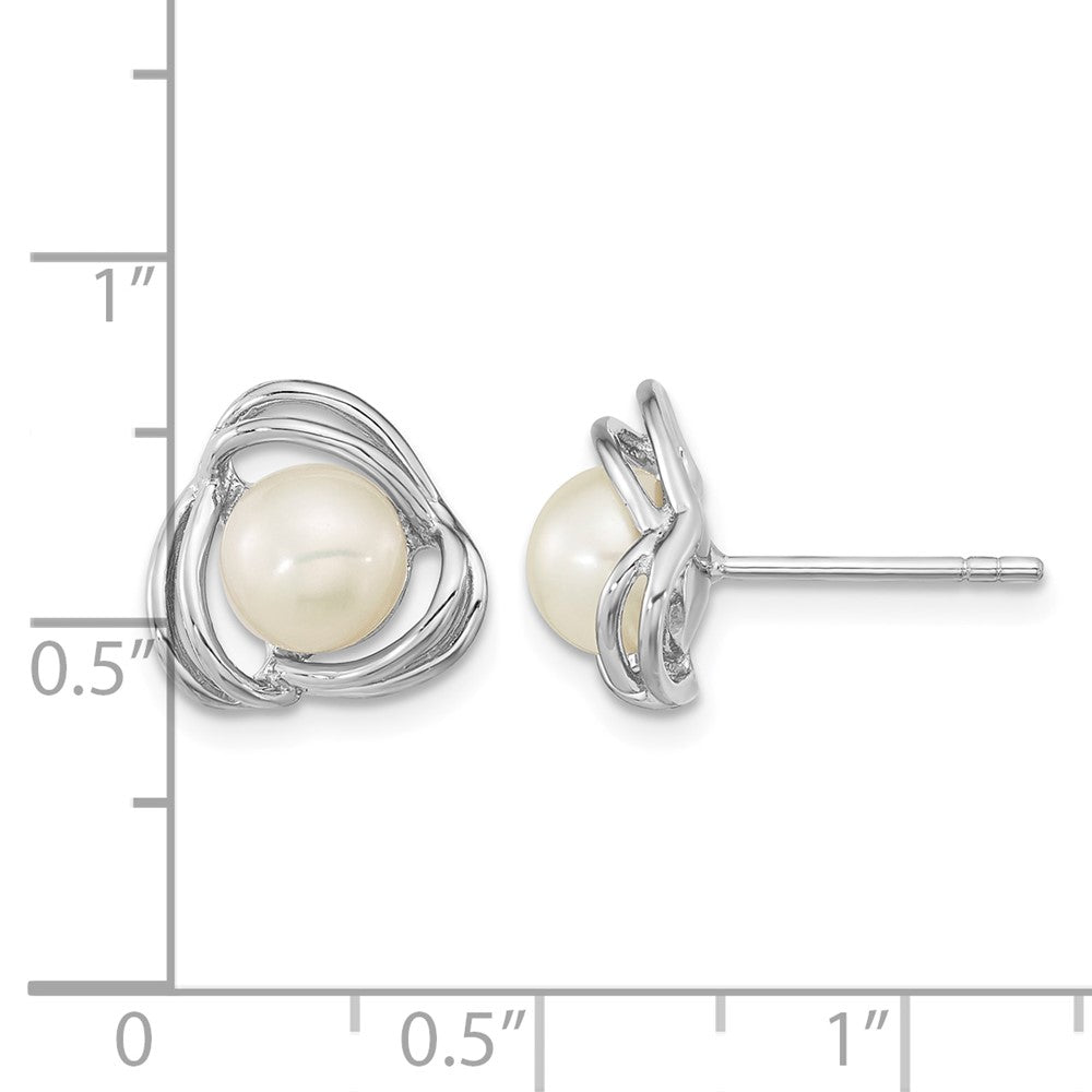 Sterling Silver Rhod-plated 6-7mm White Button Knot Post Earrings