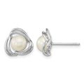 Sterling Silver Rhod-plated 6-7mm White Button Knot Post Earrings