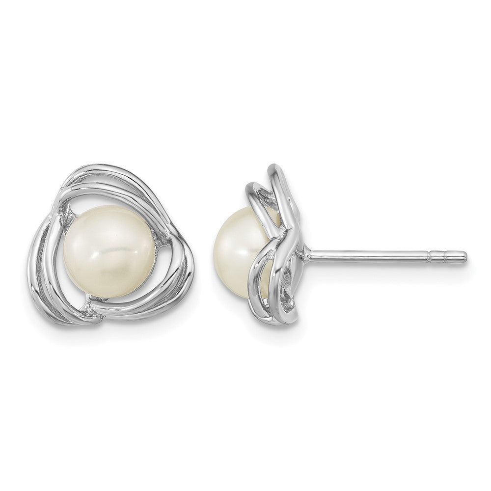 Sterling Silver Rhod-plated 6-7mm White Button Knot Post Earrings