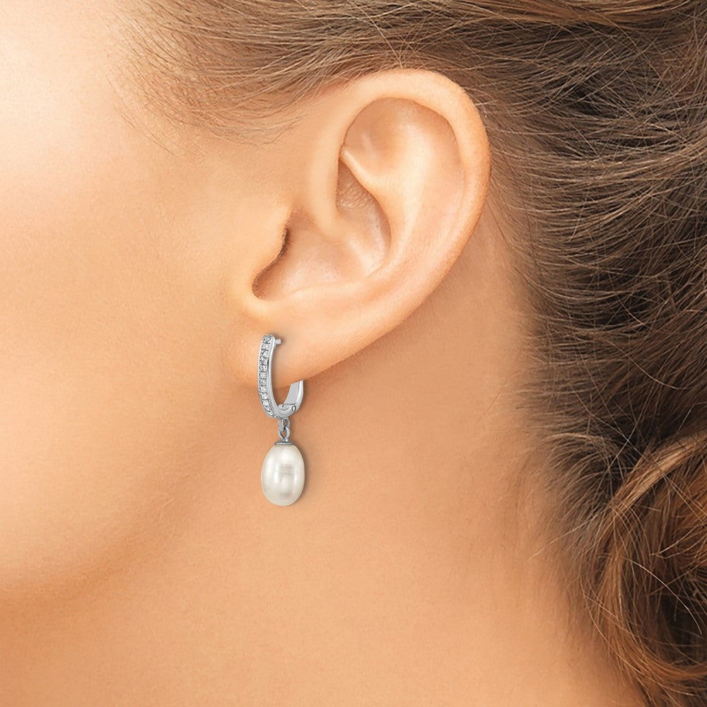 Sterling Silver Rhod-plated CZ 7 to 8mm Rice FWC Pearl Hoop Dangle Earring