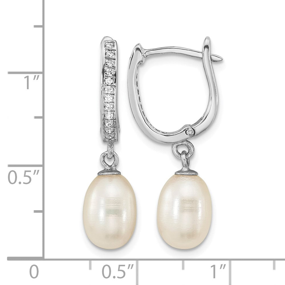 Sterling Silver Rhod-plated CZ 7 to 8mm Rice FWC Pearl Hoop Dangle Earring