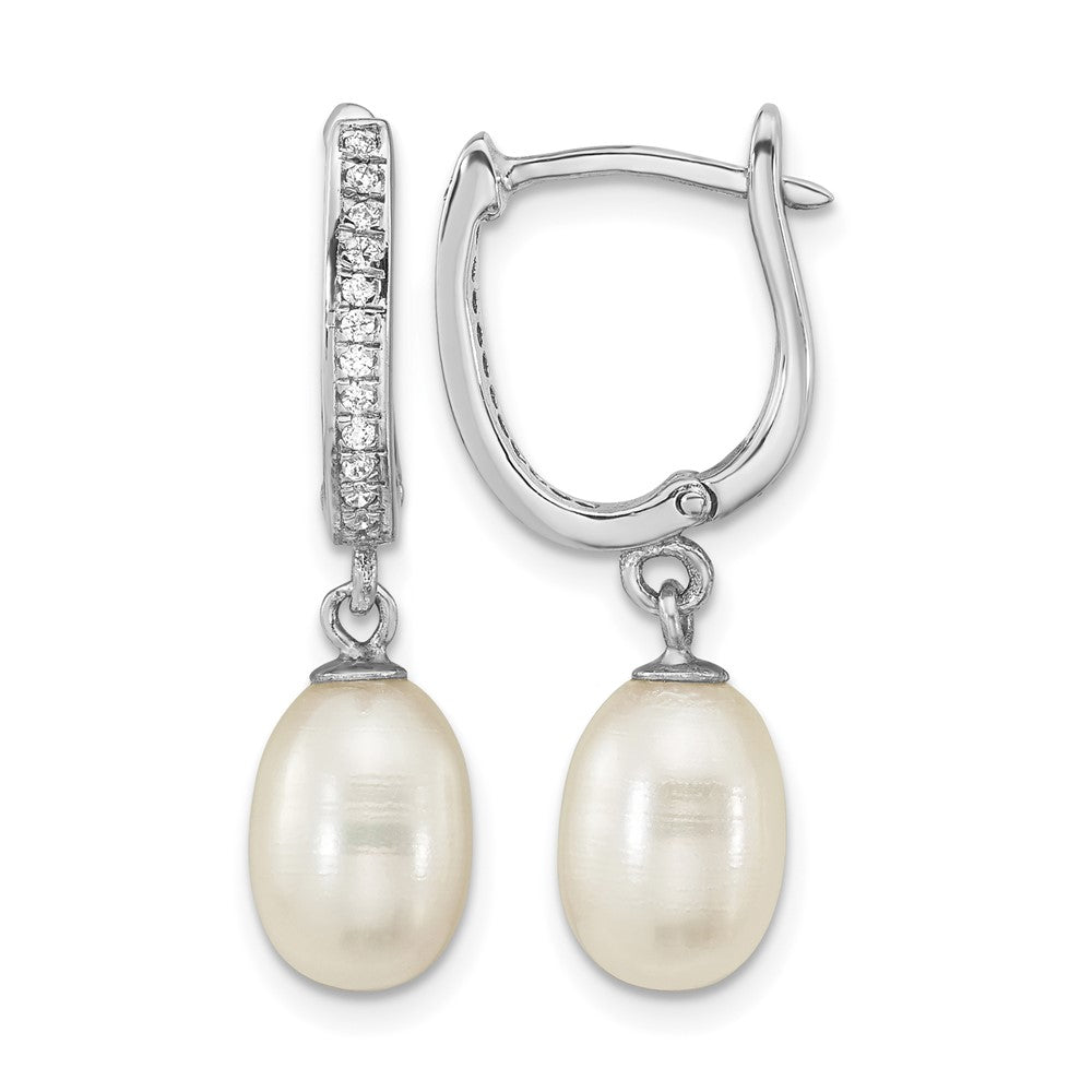 Sterling Silver Rhod-plated CZ 7 to 8mm Rice FWC Pearl Hoop Dangle Earring