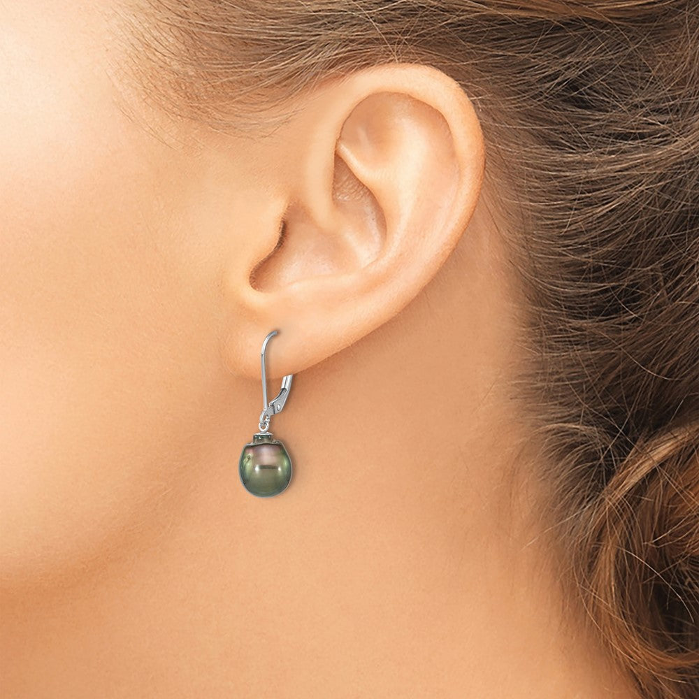 SS RH-plated 9-10mm Tahitian Saltwater Pearl Leverback Earrings
