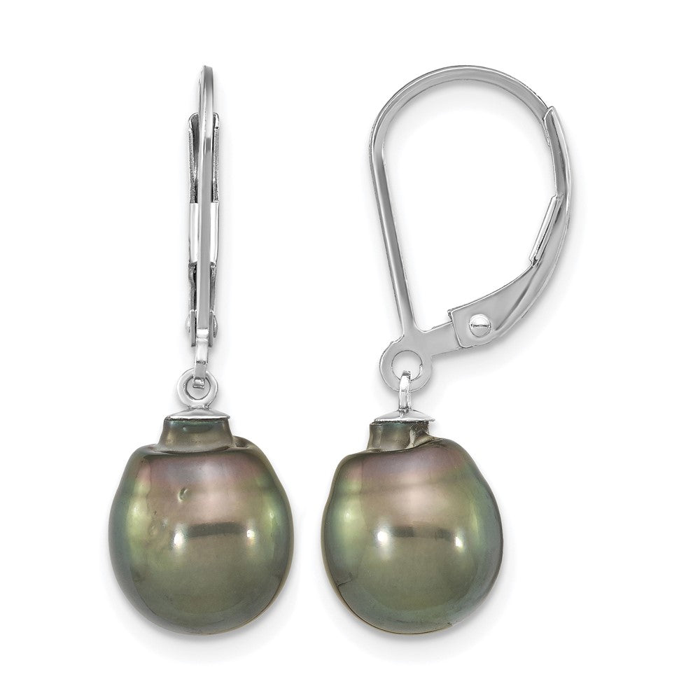 SS RH-plated 9-10mm Tahitian Saltwater Pearl Leverback Earrings