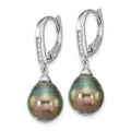 SS RH-plated 9-10mm Tahitian Saltwater Pearl CZ Leverback Earrings