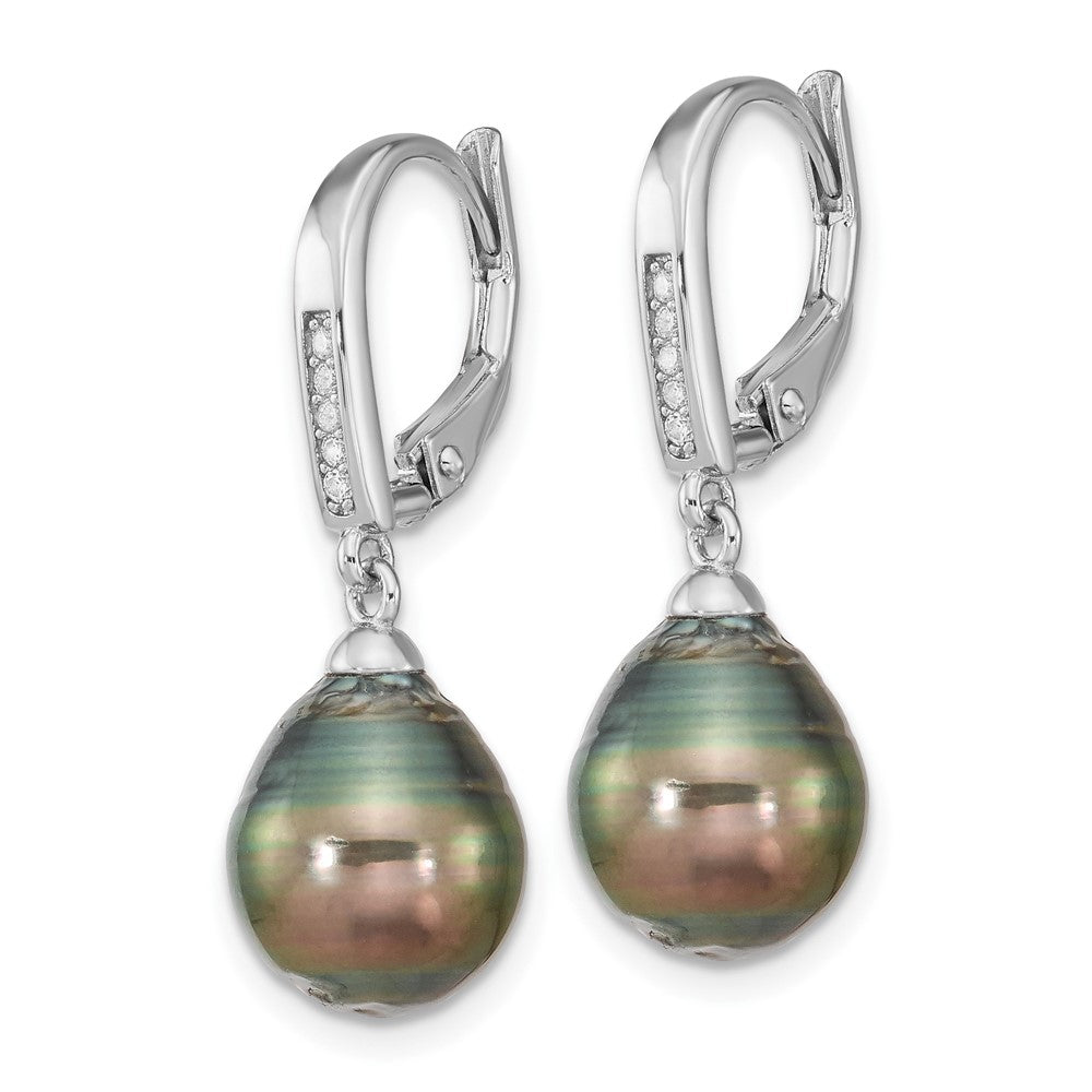 SS RH-plated 9-10mm Tahitian Saltwater Pearl CZ Leverback Earrings